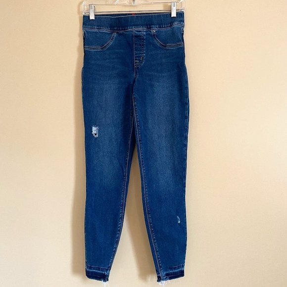 Spanx Skinny Distressed Pull on Jeans Jeggings Small Stretch Denim High Waist - Picture 2 of 10